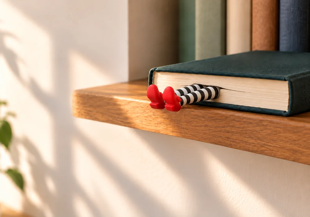 Wooden shelf bookmark with straight striped legs and red shoes, extending from the pages of a closed book
