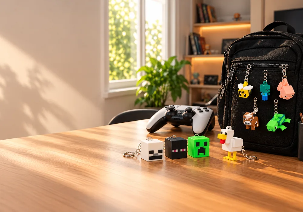 Pixel cube keychains next to a game controller on the desk, pixel animal keychains in the backpack