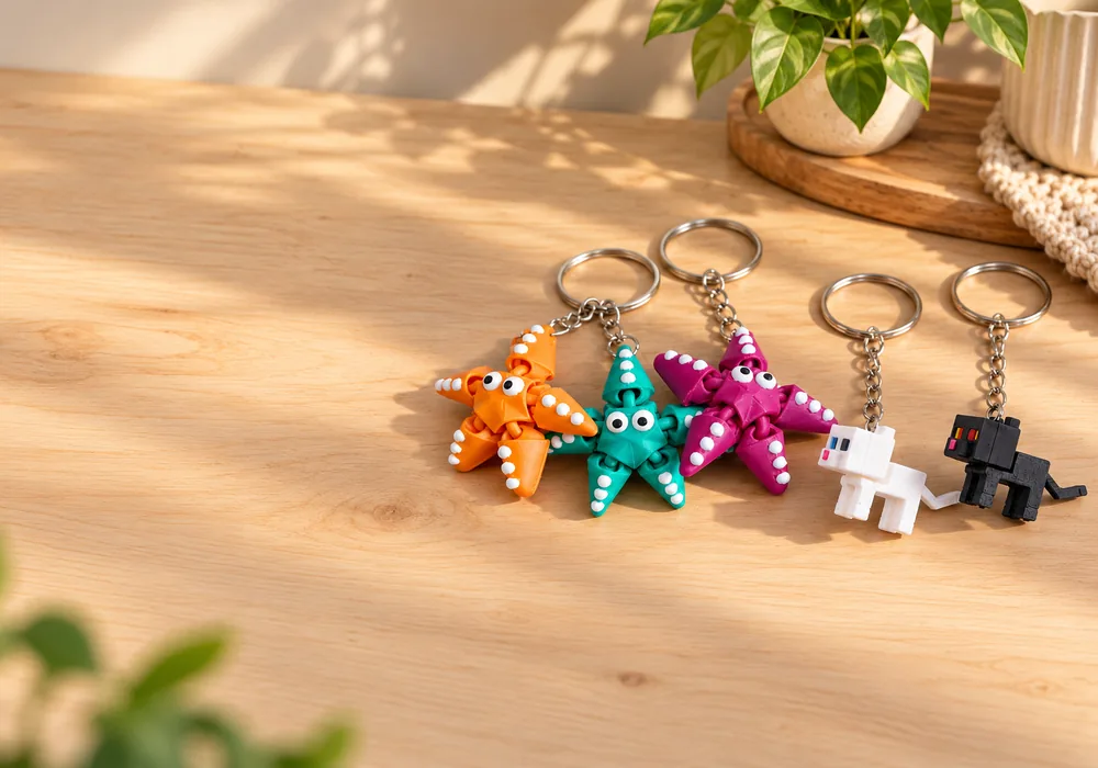 Wooden table with attached starfish keychain 3‑piece set and pixel cat keychain 2‑piece set