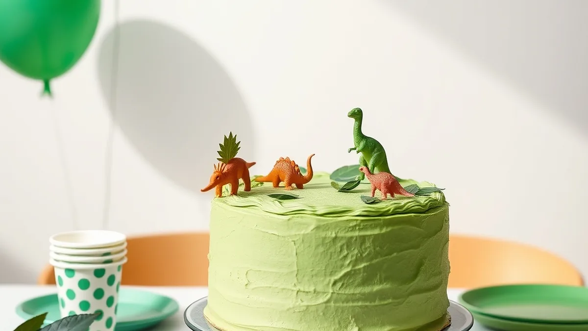 Üzerinde oyuncak dinozorlar olan yeşil kremalı pasta, yeşil balonlar ve puantiyeli bardaklar.