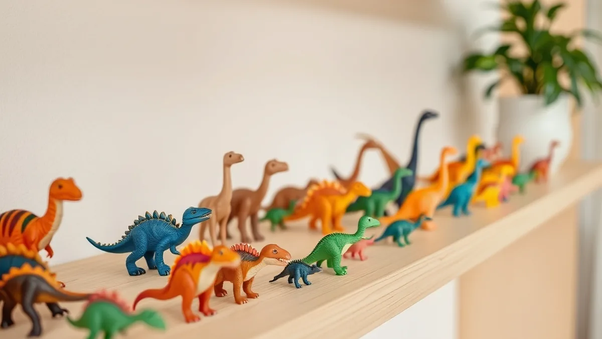 Açık renk ahşap rafta yan yana dizilmiş farklı türlerde renkli oyuncak dinozor figürleri.