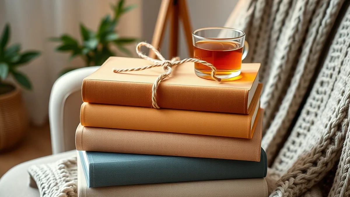 Sicimle bağlanmış düz kapaklı kitap destesi, bir fincan çay, okuma lambası ve koltuğa serili örgü battaniye.