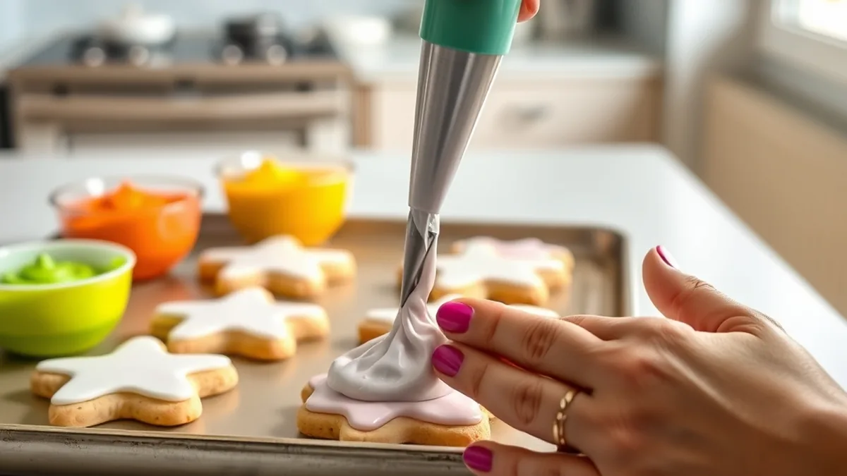 Tezgâhta pastel renkli glazür kâseleri, sıkma torbaları ve glazürle süslenmiş kurabiyeler.