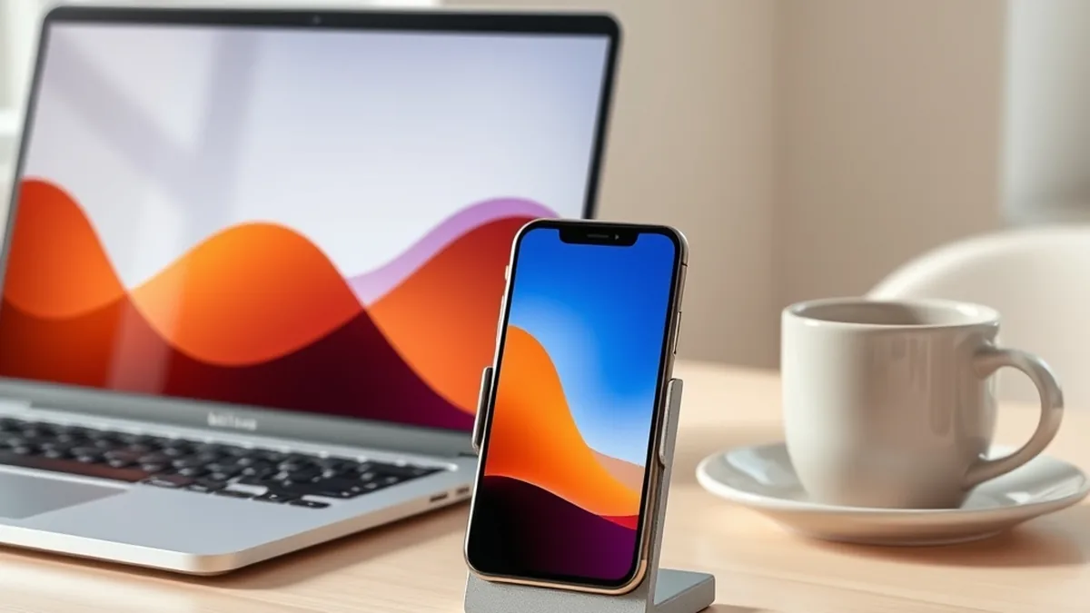 Masada telefon standında dik duran akıllı telefon; yanında dizüstü bilgisayar ve kahve fincanı.