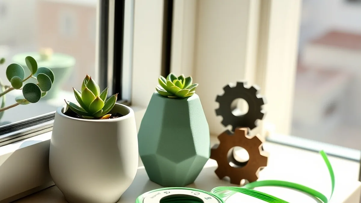Güneşli pencere önünde 3D baskı saksı, geometrik vazo, küçük bir dişli ve yeşil filament.