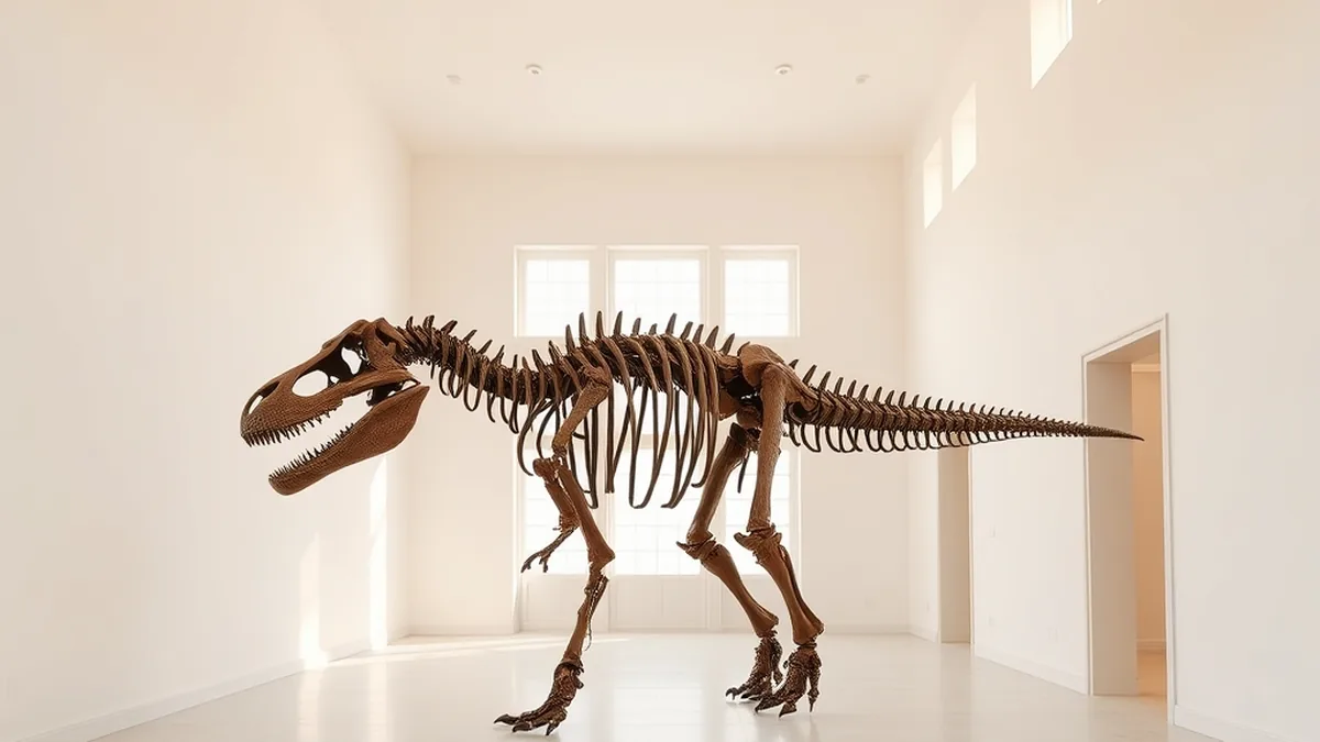 Aydınlık, boş bir salonda sergilenen büyük bir Tyrannosaurus rex fosil iskeleti.