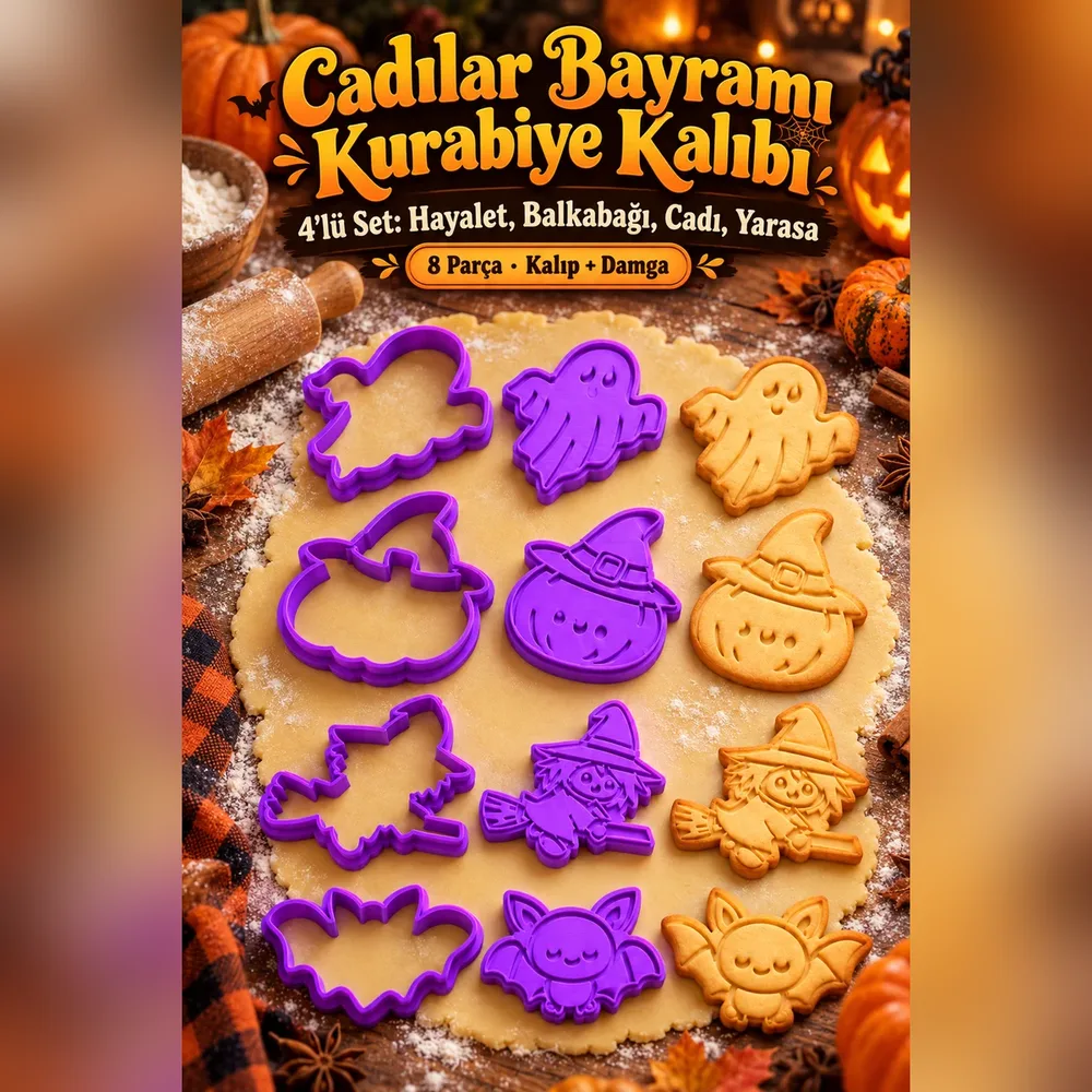 Cadılar Bayramı Kurabiye Kalıbı ve Damga 4'lü Set – Mor