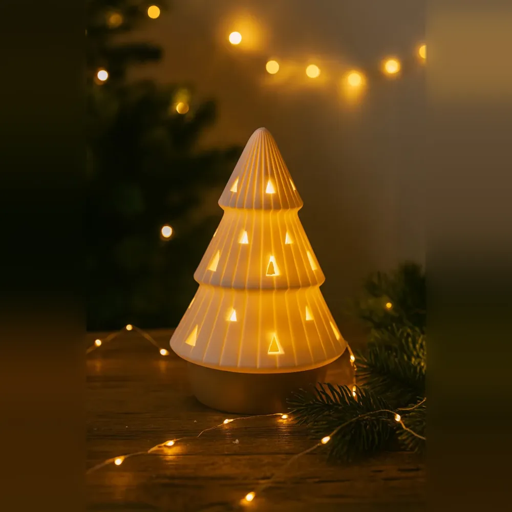 Layered Pine Tree Figure with Candle Light – Yellow