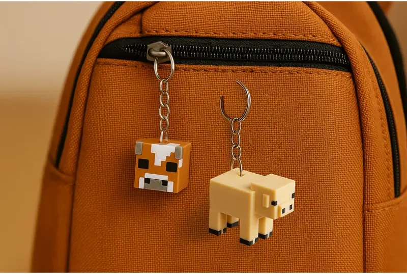 Pixel Cow & Pig 2‑Piece Keychain Set – Beige