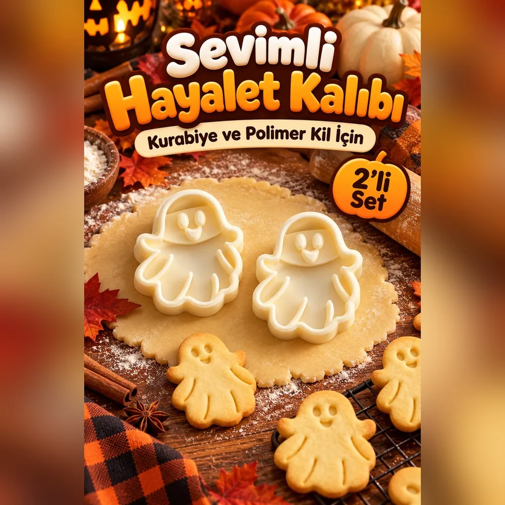 Sevimli Hayalet Kil ve Kurabiye Kalıbı 2'li Set – Krem